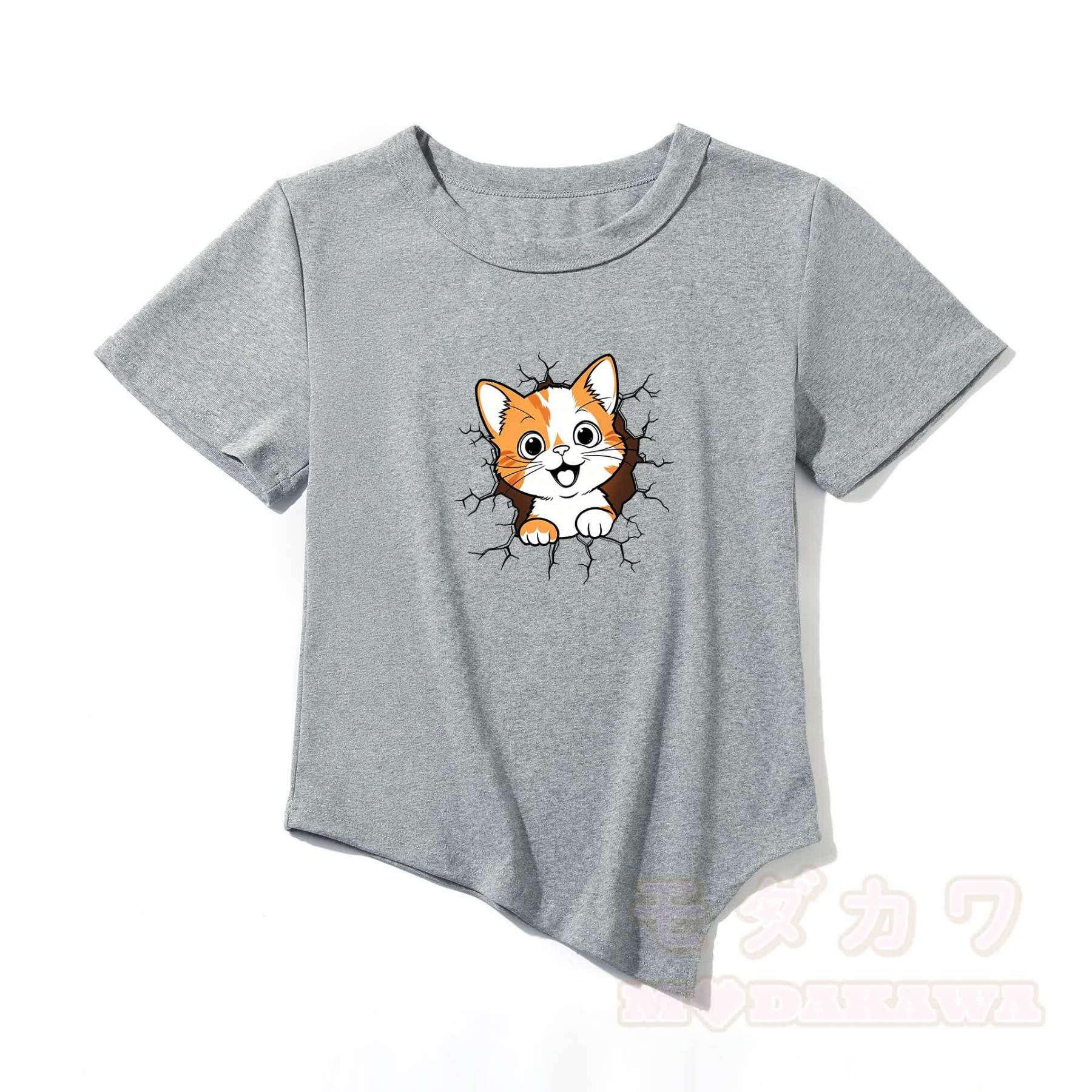 Modakawa Asymmetrisches T-Shirt mit niedlichem Katzenmotiv - Grau - One Size - image 7