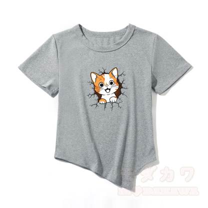 Modakawa Asymmetrisches T-Shirt mit niedlichem Katzenmotiv - Grau - One Size - image 7