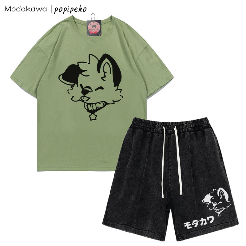 MODAKAWA X popipeko Puppy Letter T-Shirt und Vintage Washed Shorts Zweiteiliges Set - Green&Black - 3XL - image 7
