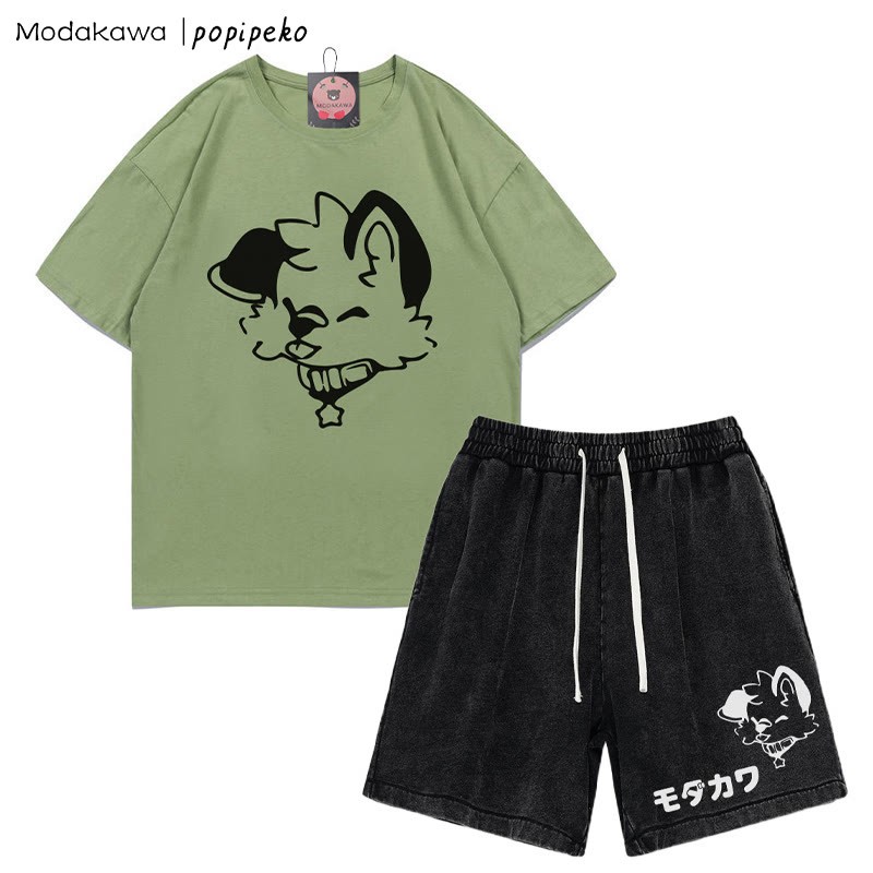MODAKAWA X popipeko Puppy Letter T-Shirt und Vintage Washed Shorts Zweiteiliges Set - Green&Black - 3XL - image 7
