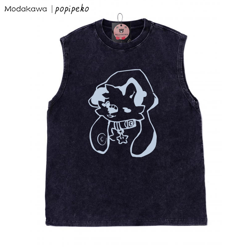 Welpe mit Sternkragen-Grafik, Unisex, Vintage, gewaschen, ärmelloses T-Shirt - Schwarz - 2XL - image 4