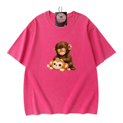 PUNCH Monkey Graphic Modakawa Vintage Washed 100% Cotton T-Shirt - Rose Red - 5XL - image 6