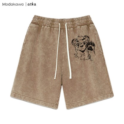 MODAKAWA X atka – Shorts mit Tigerpfoten-Wellengrafik und verwaschenem Vintage-Look - Brown - 3XL - image 3