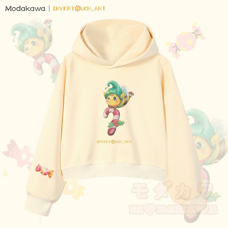 MODAKAWA X INVERTOUCH_ART Niedlicher Weihnachtsbienen-Hoodie Modakawa Cropped Cotton Hoodie - Aprikose B - 3XL - image 14