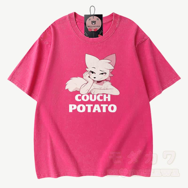 COUCH POTATO Anime Fuchs Grafik Modakawa Vintage gewaschenes T-Shirt aus 100% Baumwolle - Rosenrot - 3XL - image 6