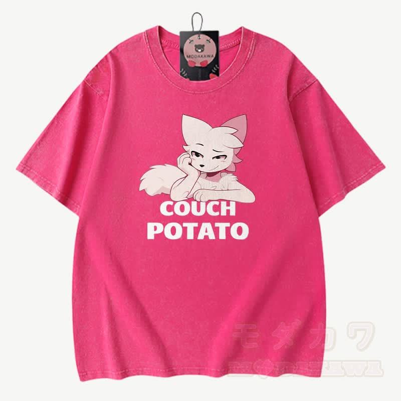COUCH POTATO Anime Fuchs Grafik Modakawa Vintage gewaschenes T-Shirt aus 100% Baumwolle - Rosenrot - 3XL - image 6