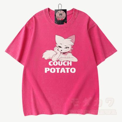 COUCH POTATO Anime Fuchs Grafik Modakawa Vintage gewaschenes T-Shirt aus 100% Baumwolle - Rosenrot - 3XL - image 6