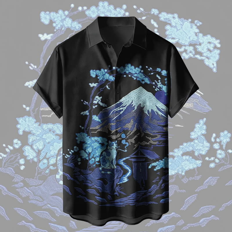Modakawa Kimono-Hemd mit rauchender Katze und schneebedeckten Bergen - Black & Blue - 5XL - image 4