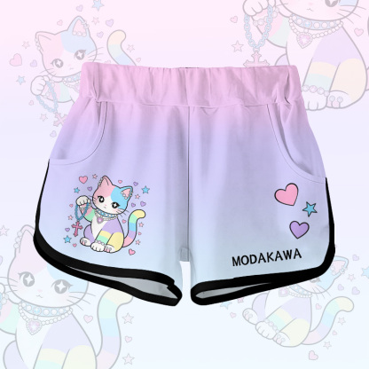 Modakawa Shorts mit pastellfarbenem Farbverlauf und Katzenmotiv - Purple A - 5XL - image 2