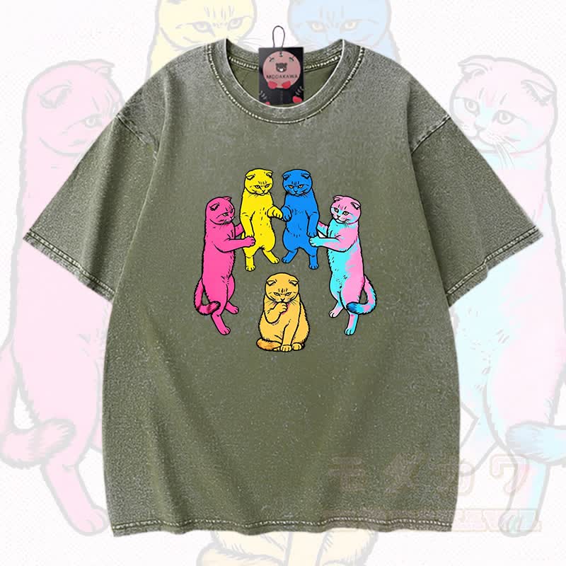 MODAKAWA Katzen-Grafik Vintage-gewaschenes T-Shirt aus 100 % Baumwolle - Grün - 3XL - image 5
