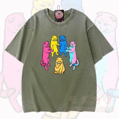 MODAKAWA Katzen-Grafik Vintage-gewaschenes T-Shirt aus 100 % Baumwolle - Grün - 3XL - image 5