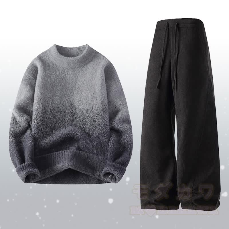 Zweiteiler: Farbverlauf-Strickpullover, flauschiger Cordanzug - Satz F - 4XL - image 6