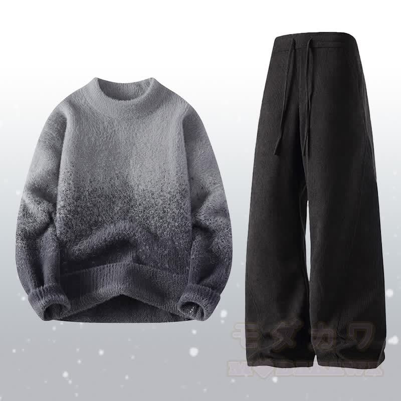 Zweiteiler: Farbverlauf-Strickpullover, flauschiger Cordanzug - Satz F - 4XL - image 6