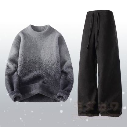 Zweiteiler: Farbverlauf-Strickpullover, flauschiger Cordanzug - Satz F - 4XL - image 6