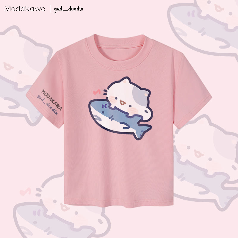 MODAKAWA X gud_doodle Damen-Crop-Top mit Katzen- und Hai-Motiv, 92 % gekämmte Baumwolle - Pink - XL - image 2
