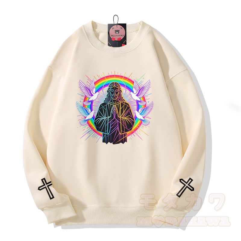 Modakawa Sweatshirt mit Gebetstauben-Kreuz-Grafik - Beige - 5XL - image 3
