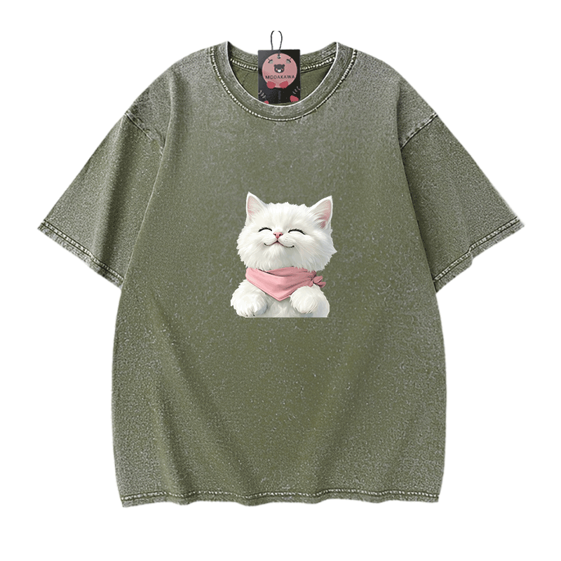 Modakawa Unisex Vintage T-Shirt mit weißer Katzengrafik - Green - 5XL - image 10