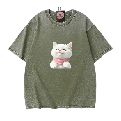 Modakawa Unisex Vintage T-Shirt mit weißer Katzengrafik - Green - 5XL - image 10