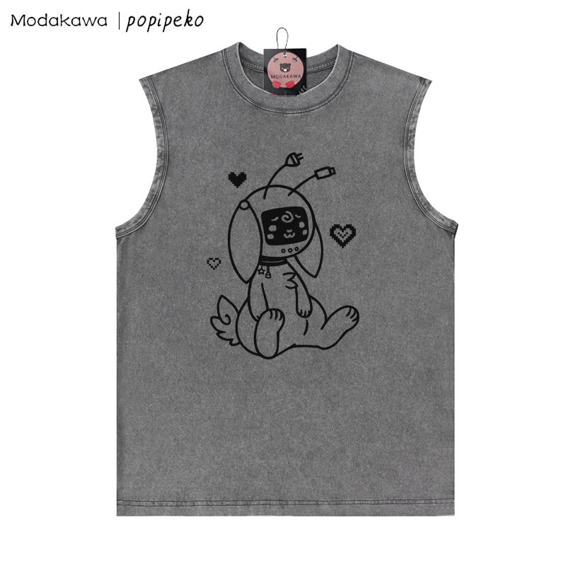 Unisex-T-Shirt mit Roboterhasen-Grafik im Vintage-Stil, gewaschen, ärmellos - Grau - 2XL - image 4