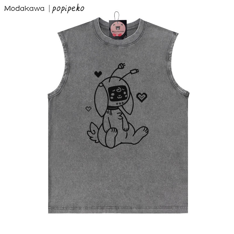 Unisex-T-Shirt mit Roboterhasen-Grafik im Vintage-Stil, gewaschen, ärmellos - Grau - 2XL - image 4