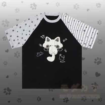 Raglan-T-Shirt mit Katzenmotiv, karierte Shorts und passendes Outfit von Modakawa - Schwarzes T-Shirt - L - image 5