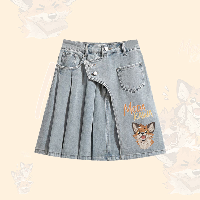 MODAKAWA X atka Fox Graphic Oversized Button Up Shirt Irregular Denim Pleated Skirt Matching Outfit - Blue Skirt - XL - image 3