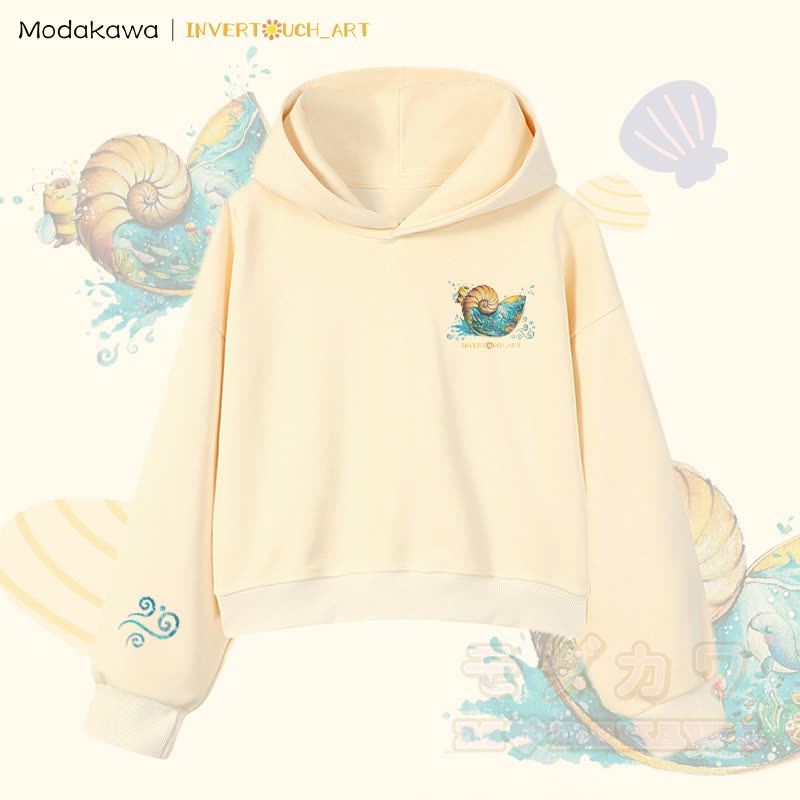MODAKAWA X INVERTOUCH_ART Ocean Shell Bee Graphic Modakawa Cropped Cotton Hoodie - Aprikose C - 3XL - image 12