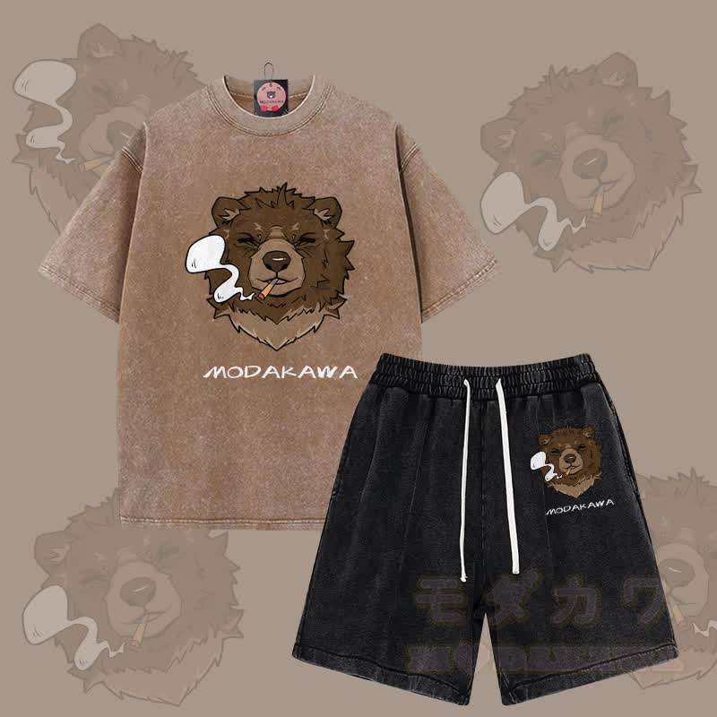 MODAKAWA Smoking Bear Grafik Vintage Washed T-Shirt Shorts Zweiteiliges Set - Braun & Schwarz - 3XL - image 7