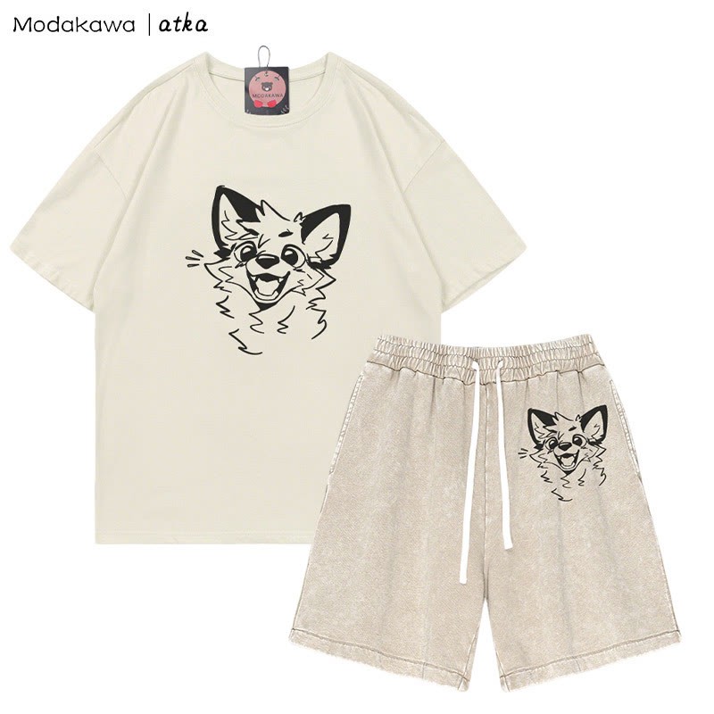 MODAKAWA X atka T-Shirt mit fröhlicher Fuchsgrafik und verwaschenen Vintage-Shorts, zweiteiliges Set - Beige - 3XL - image 5