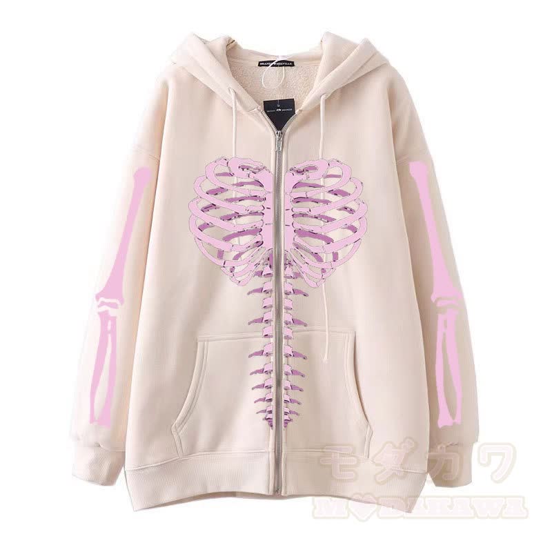 Gothic Oversized Kapuzenpullover mit Skelett-Print und Reißverschluss - Khaki - 3XL - image 7