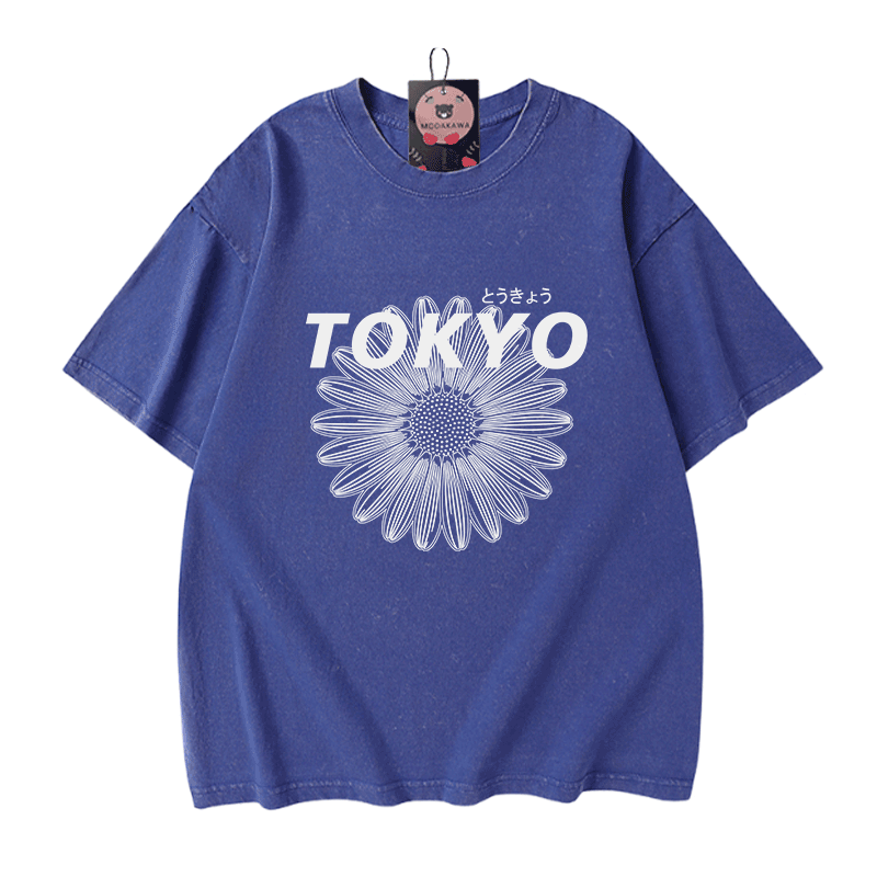 TOKYO Blumengrafik Modakawa Vintage gewaschenes T-Shirt aus 100% Baumwolle - Blue - 5XL - image 4