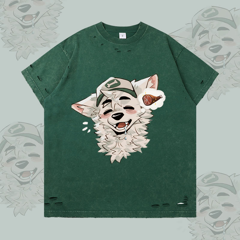 MODAKAWA X atka Fox Wants Meat Grafik Zerrissenes T-Shirt - Dark Green - 2XL - image 2