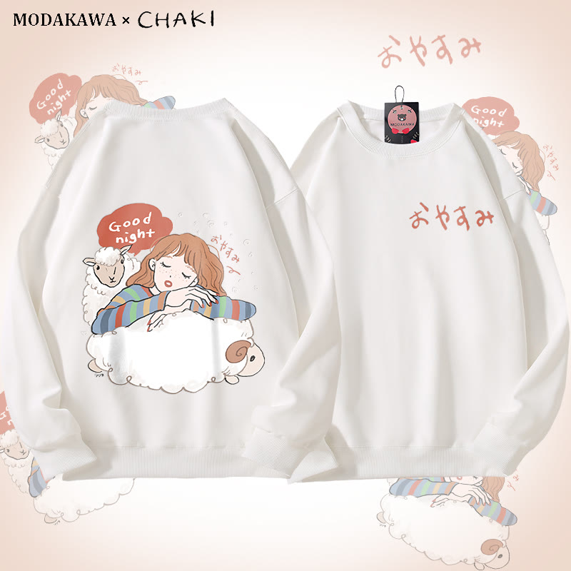 MODAKAWA X chaki Good Night Girl Sleeping On Sheep Graphic Unisex Sweatshirt - White - 5XL - image 3