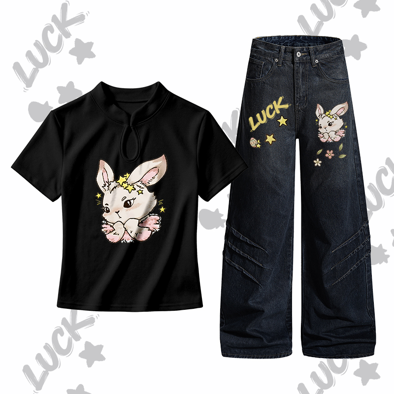 Modakawa Zweiteiler-Set mit Osterhasen-Motiv, Schnalle, Jeans - Set B - L - image 2