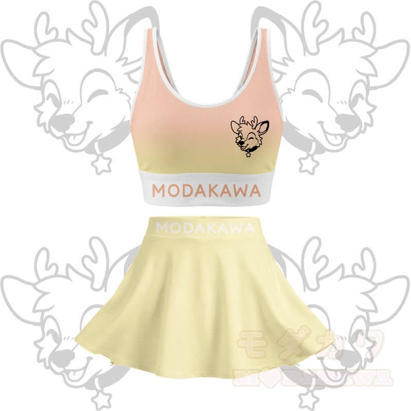 MODAKAWA X popipeko Hirsch-Grafik Crop Tanktop Sport Top Rock passendes Outfit - Gelbes Set - 2XL - image 13