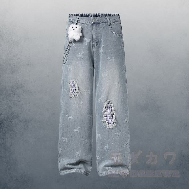 Polo-Shirt mit Polka-Dot- und Sternenmotiv, zerrissene Jeans mit 3D-Bärenkette von Modakawa (passendes Outfit) - Blaue Hose - XL - image 4