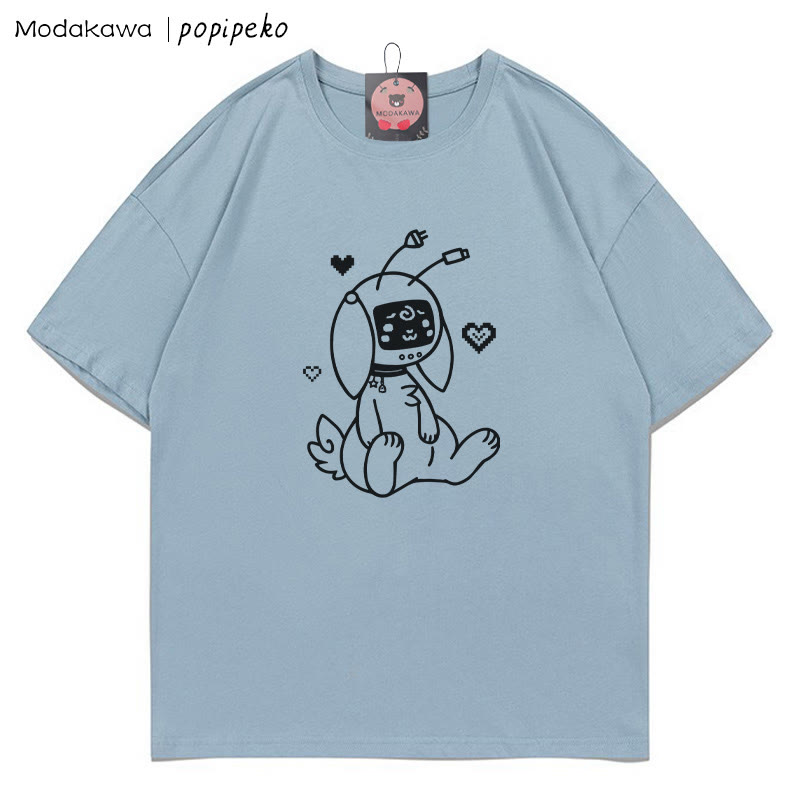 MODAKAWA X popipeko Robot Bunny Print T-Shirt - Dusty Blue - 5XL - image 4