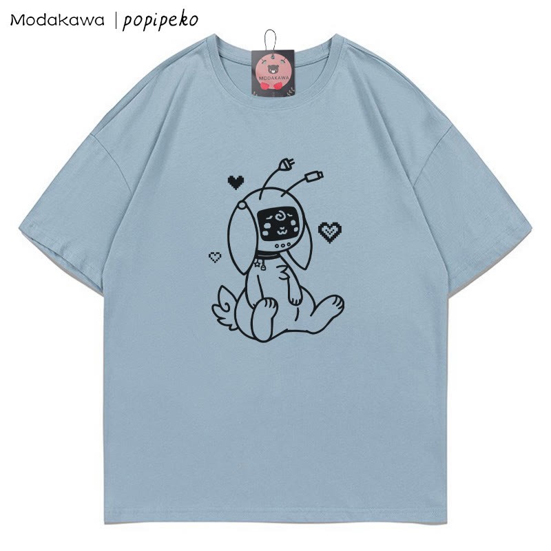 MODAKAWA X popipeko Robot Bunny Print T-Shirt - Dusty Blue - 5XL - image 4