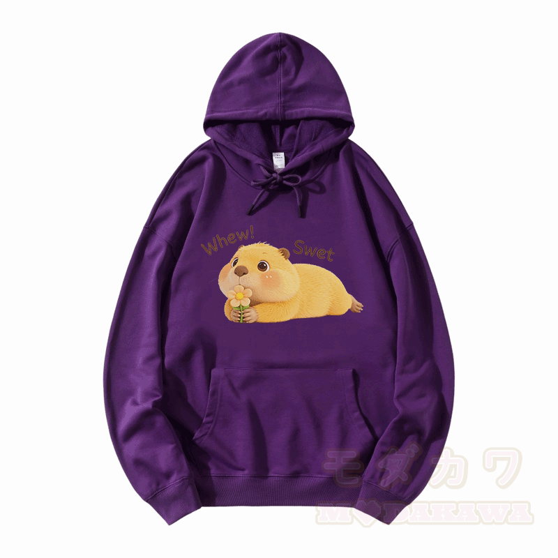 WHEW SWET Capybara Graphic Modakawa Loose Cotton-Blend Hoodie - Lila - 5XL - image 6