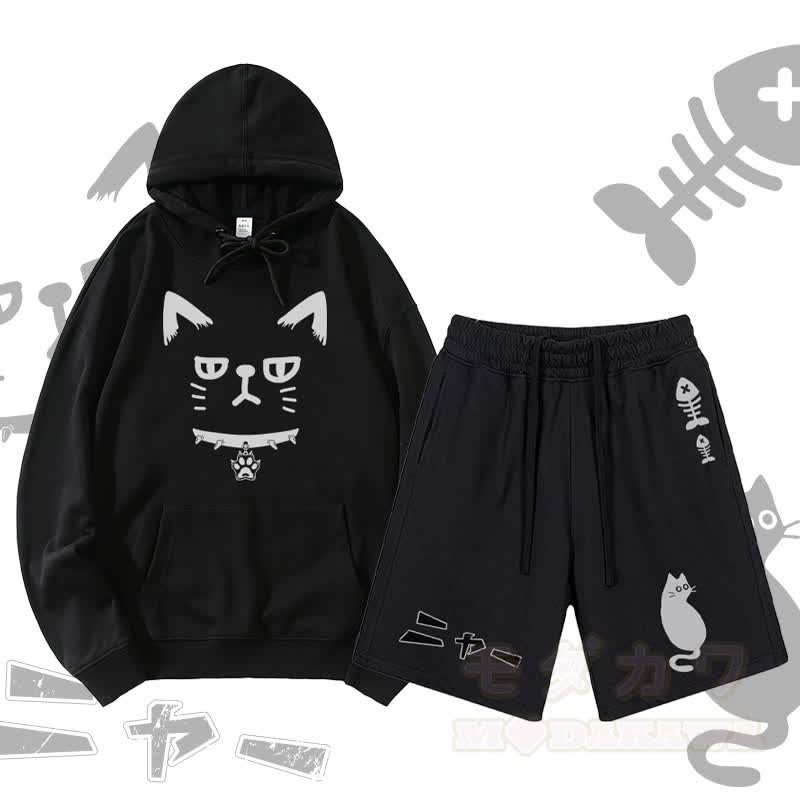 MODAKAWA Pullover-Hoodie mit Katzenmotiv und Shorts mit Katzen- und Fischgrätenmotiv (zweiteiliges Set) - Schwarz - 2XL - image 3