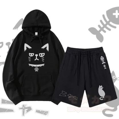 MODAKAWA Pullover-Hoodie mit Katzenmotiv und Shorts mit Katzen- und Fischgrätenmotiv (zweiteiliges Set) - Schwarz - 2XL - image 3