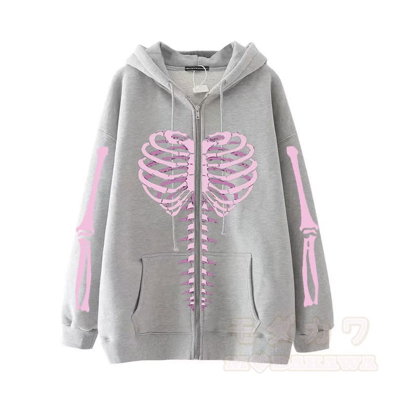 Gothic Oversized Kapuzenpullover mit Skelett-Print und Reißverschluss - Grau - 3XL - image 4