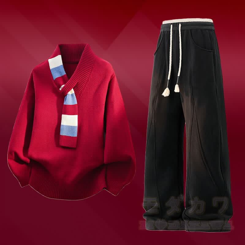 Zweiteiliges Set: V-Ausschnitt-Strickpullover mit Streifenmuster, Farben abgesetzte, fleecegefütterte Hose - Satz C - 4XL - image 3