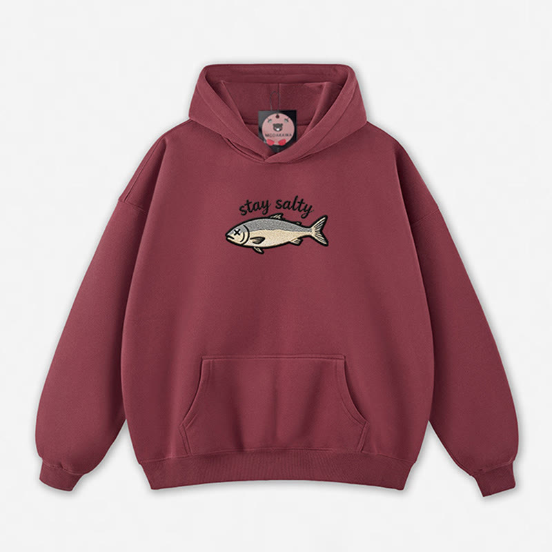 STAY SALTY Dead Fish Graphic Loose Hoodie - Dark Red - 5XL - image 8