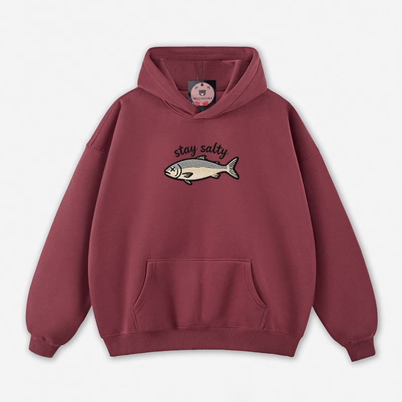 STAY SALTY Dead Fish Graphic Loose Hoodie - Dark Red - 5XL - image 8