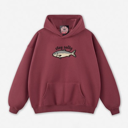 STAY SALTY Dead Fish Graphic Loose Hoodie - Dark Red - 5XL - image 8