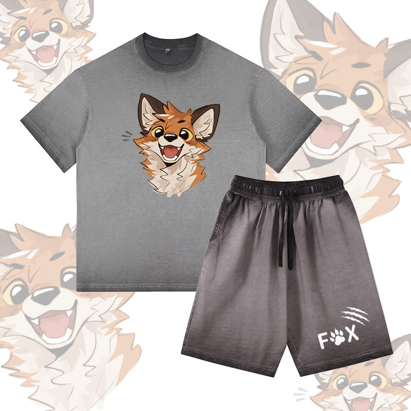 MODAKAWA X atka Happy Fox Graphic Vintage Washed T-Shirt FOX Letter Graphic Shorts Gradient Two Pieces Set - Grey - 5XL - image 2