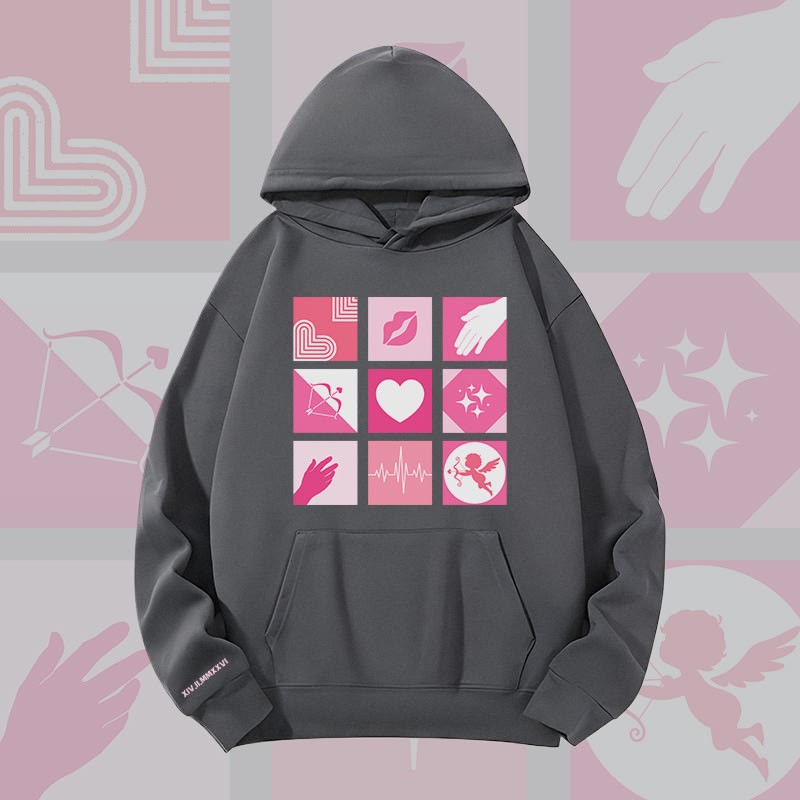 MODAKAWA Hoodie mit Liebessymbolen-Gittergrafik, schwere Ausführung - Dark Grey - 2XL - image 6