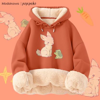 MODAKAWA X popipeko Winterhoodie mit Hasen- und Froschmotiv, dick gefüttert mit Fleece - Orange - 2XL - image 4