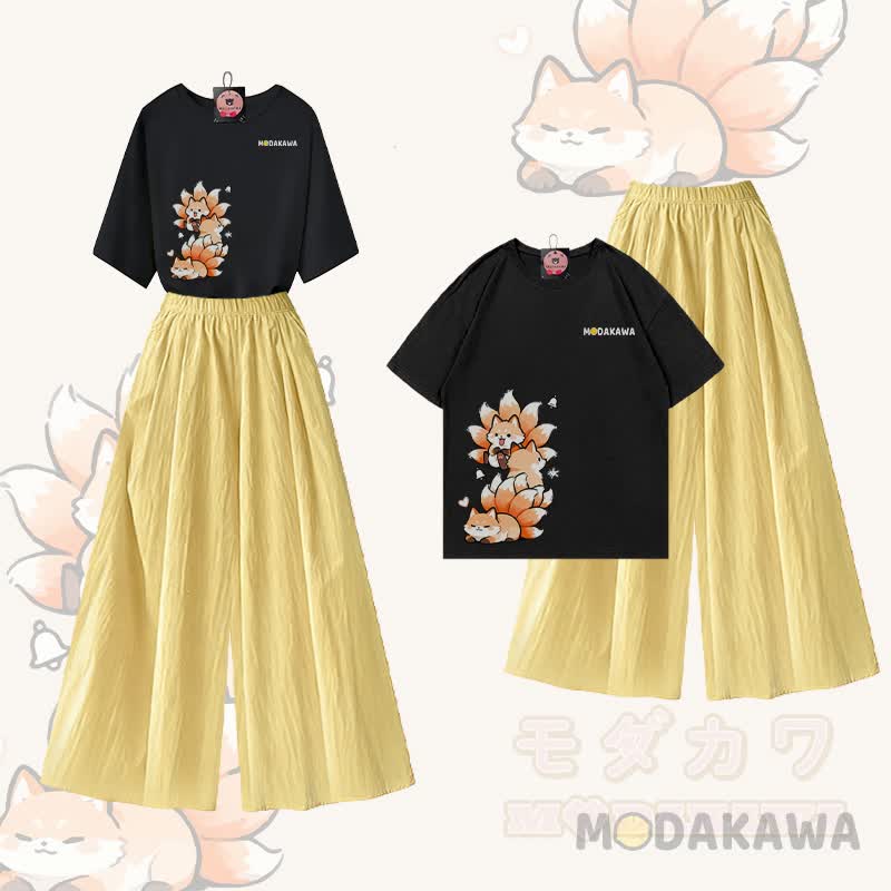 MODAKAWA X atka Nine Tails Fox Graphic 100% Cotton T-Shirt und Wide Leg Pants Zweiteiliges Set - Schwarz & Gelb - XL - image 3
